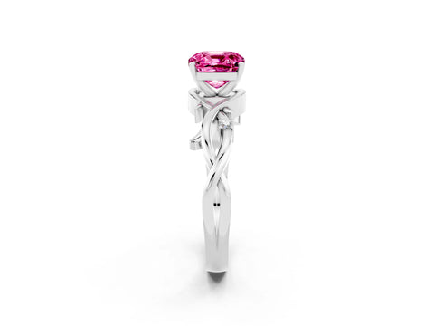 White gold Cushion Cut Pink Sapphire Solitaire Ring with Twisted Band and Prong Setting_2