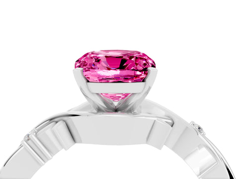White gold Cushion Cut Pink Sapphire Solitaire Ring with Twisted Band and Prong Setting_4