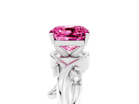 White gold Cushion Cut Pink Sapphire Solitaire Ring with Twisted Band and Prong Setting_5