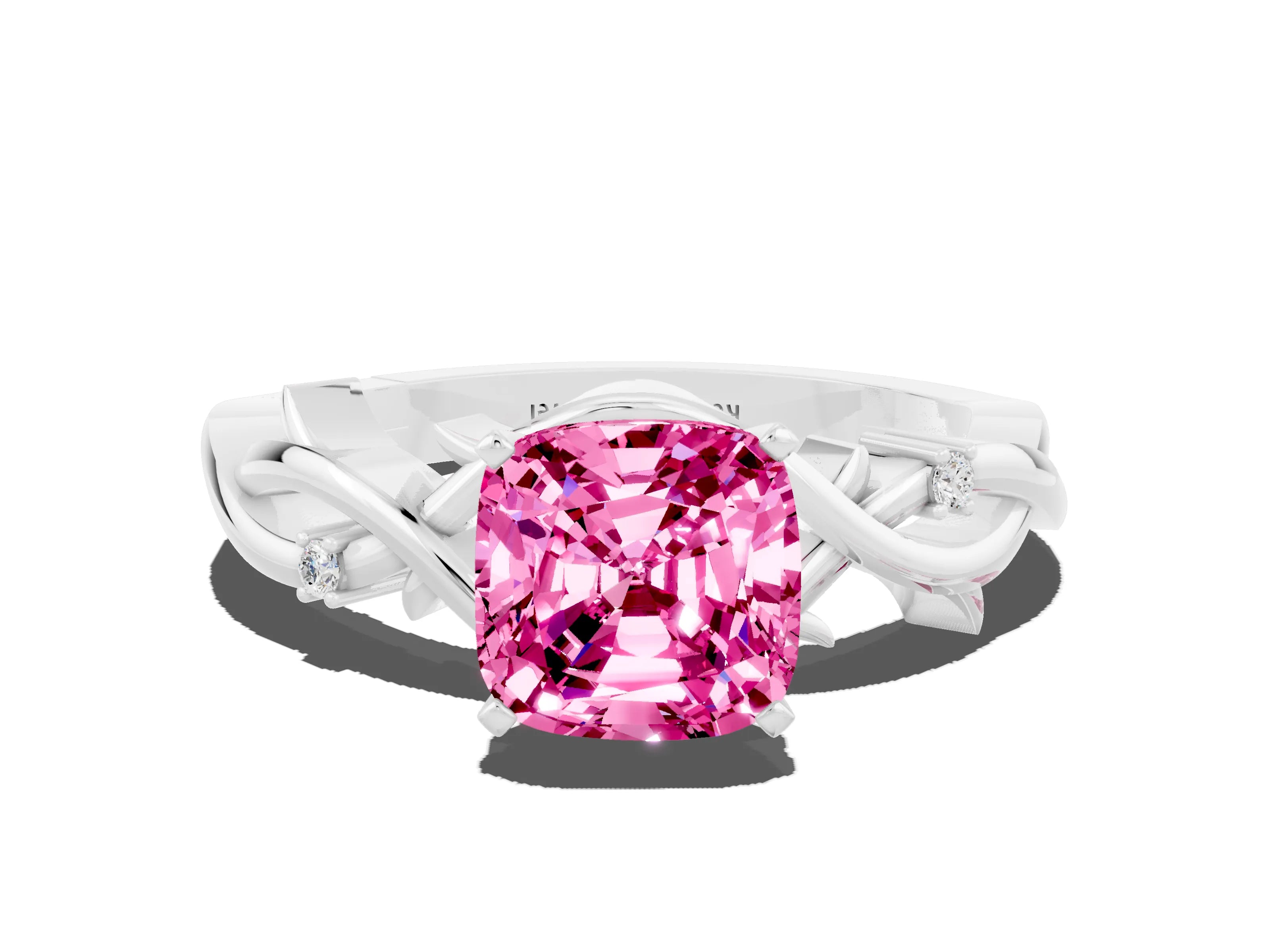 White gold Cushion Cut Pink Sapphire Solitaire Ring with Twisted Band and Prong Setting