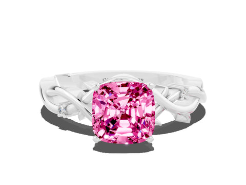 White gold Cushion Cut Pink Sapphire Solitaire Ring with Twisted Band and Prong Setting