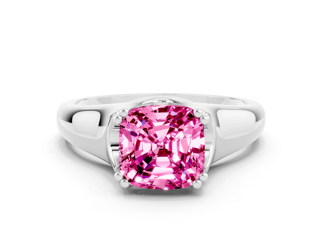 White gold Cushion Cut Pink Sapphire Solitaire Ring with Wide Band and Prong Setting_24