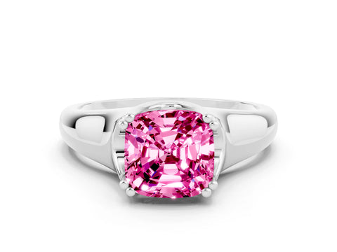 White gold Cushion Cut Pink Sapphire Solitaire Ring with Wide Band and Prong Setting_24