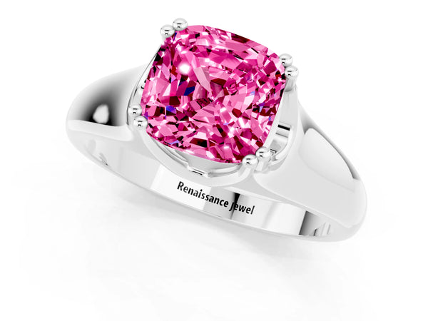 Platinum Cushion Cut Pink Sapphire Solitaire Ring with Wide Band and Prong Setting
