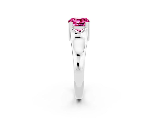 White gold Cushion Cut Pink Sapphire Solitaire Ring with Wide Band and Prong Setting
