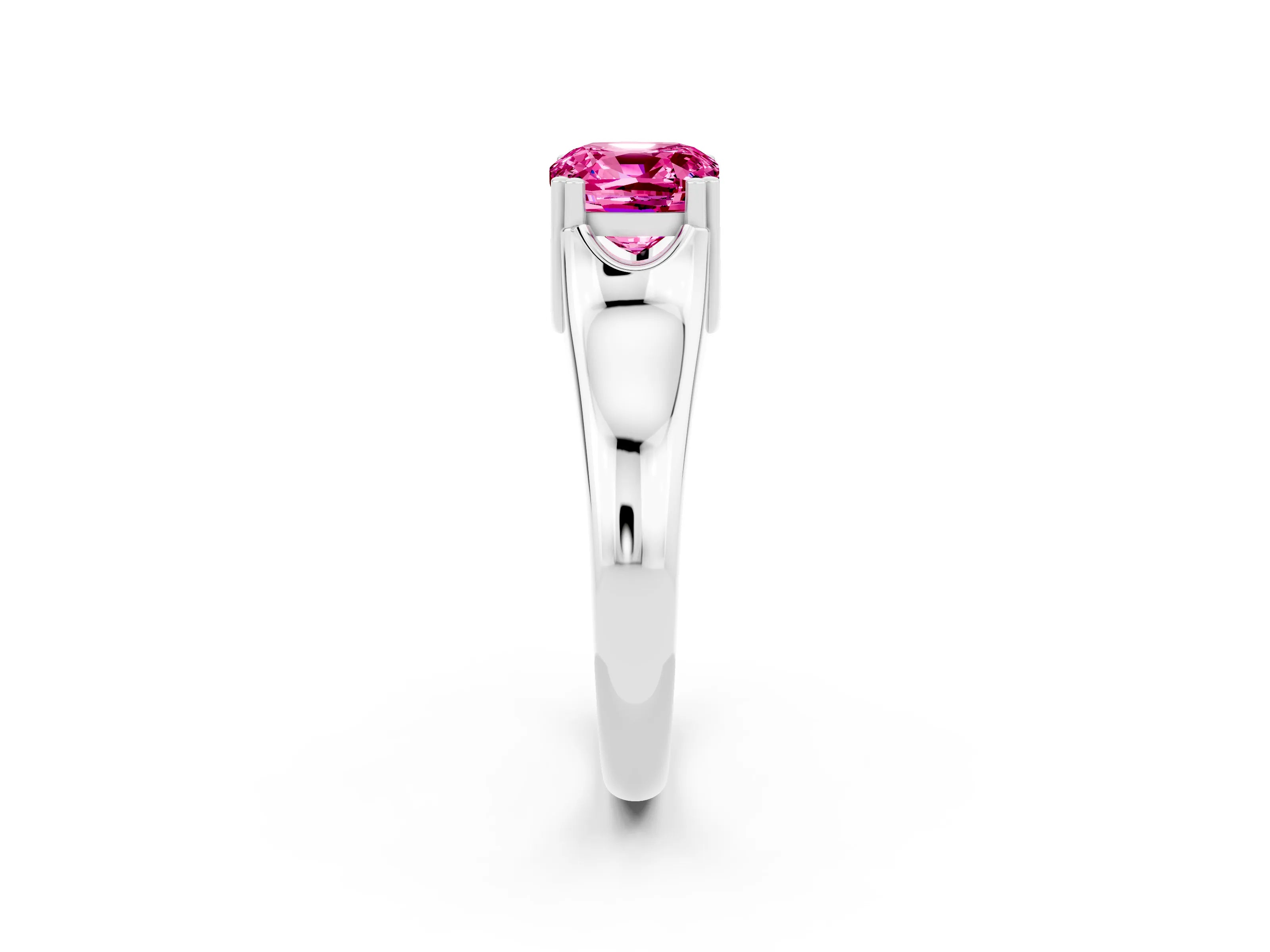 White gold Cushion Cut Pink Sapphire Solitaire Ring with Wide Band and Prong Setting_26