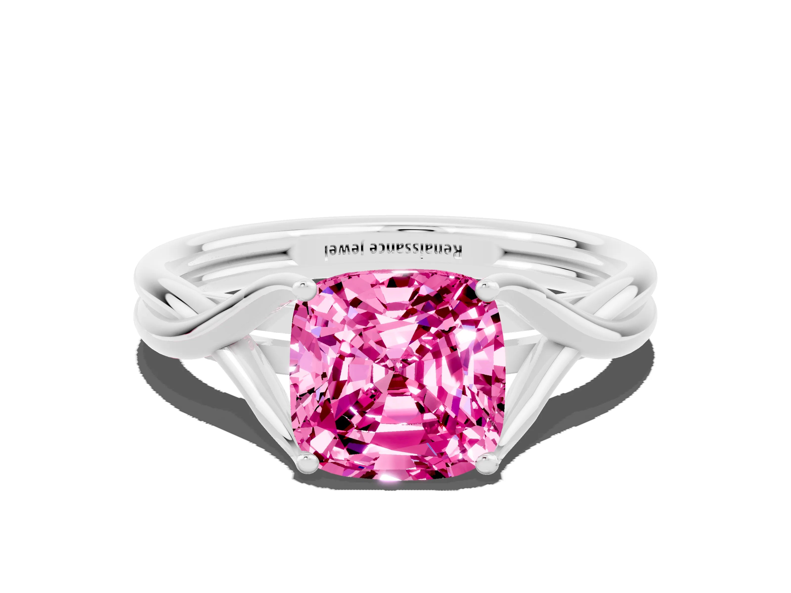 White gold Cushion Cut Pink Sapphire Solitaire Twist Band Prong Setting Ring_84