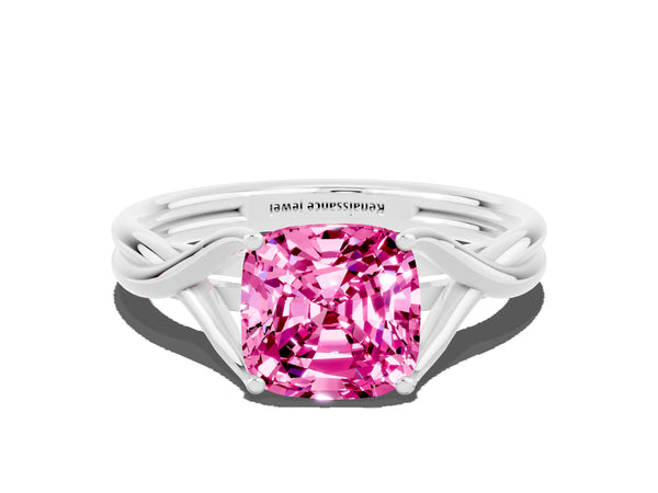 Platinum Cushion Cut Pink Sapphire Solitaire Twist Band Prong Setting Ring