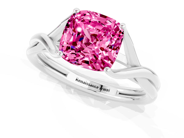 Platinum Cushion Cut Pink Sapphire Solitaire Twist Band Prong Setting Ring