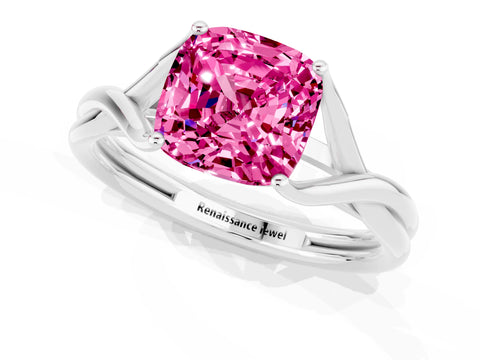 White gold Cushion Cut Pink Sapphire Solitaire Twist Band Prong Setting Ring_85
