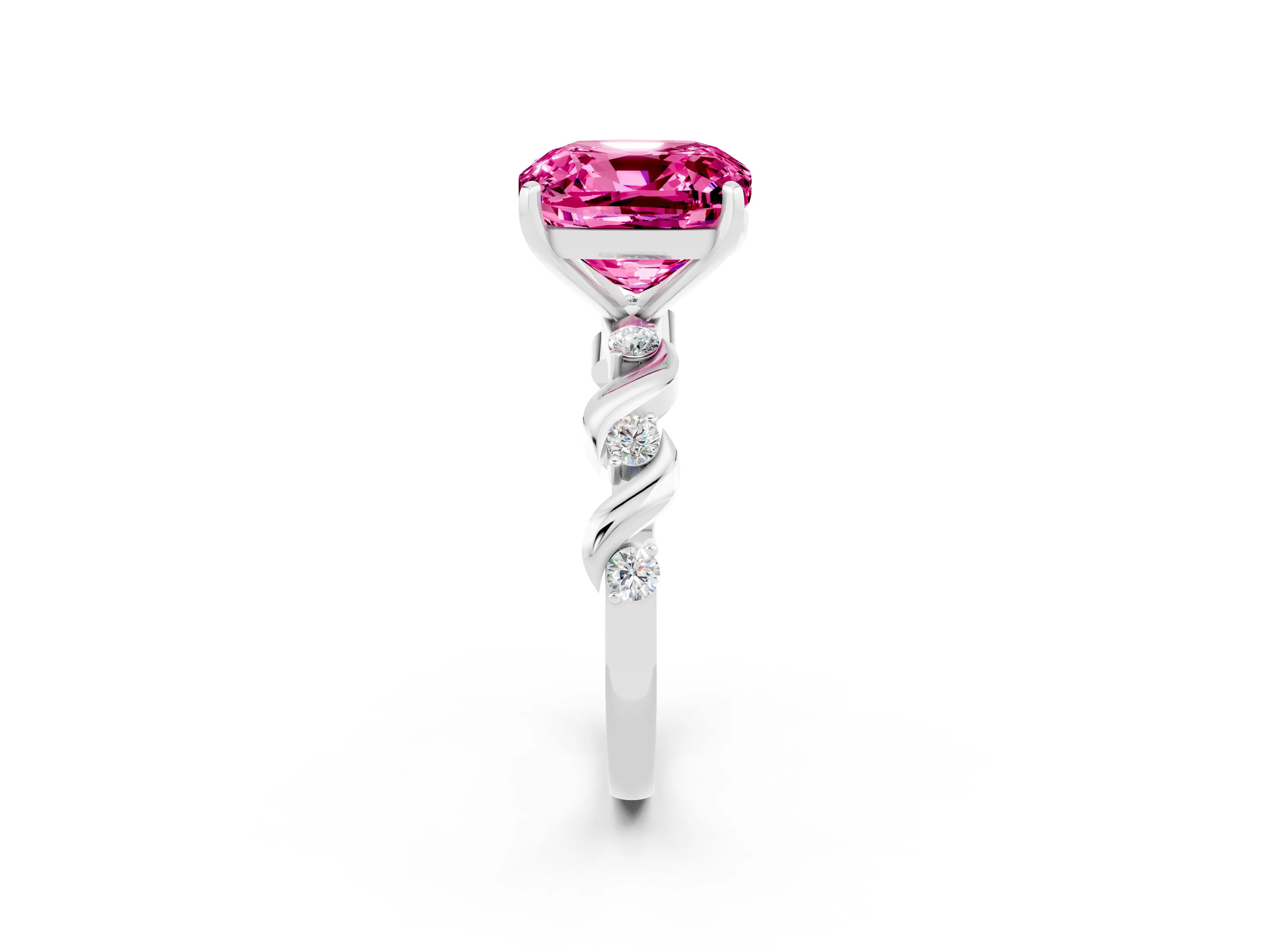 White gold Cushion Cut Pink Sapphire Solitaire Twisted Band with Round  Accents and Prong Setting_14
