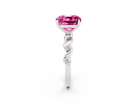 White gold Cushion Cut Pink Sapphire Solitaire Twisted Band with Round  Accents and Prong Setting_14