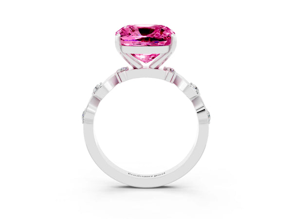 Platinum Cushion Cut Pink Sapphire Solitaire Twisted Band with Round  Accents and Prong Setting