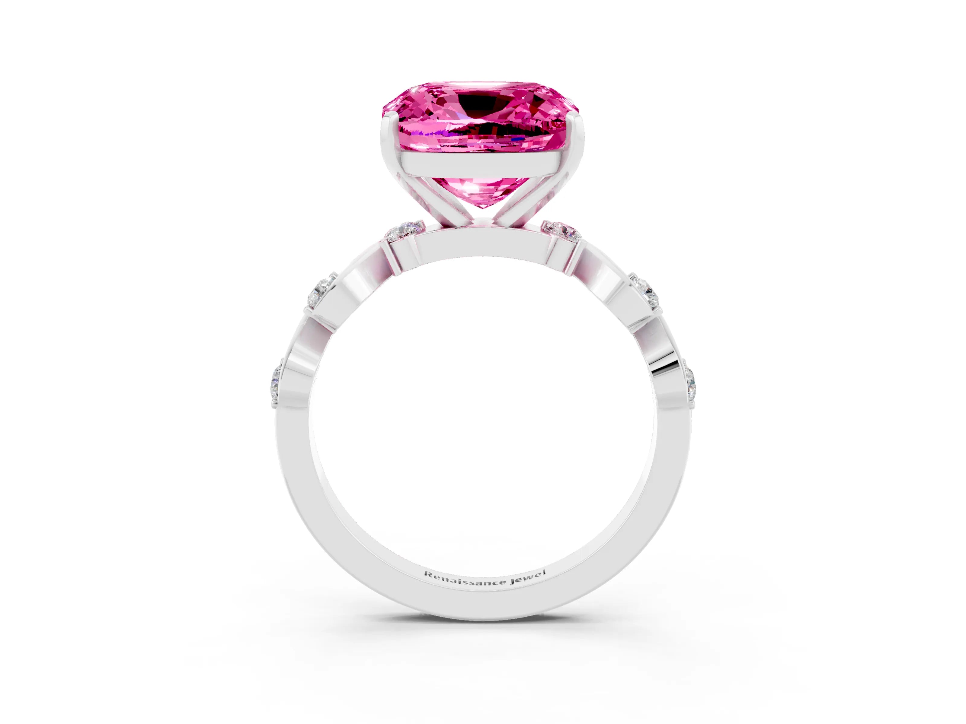 White gold Cushion Cut Pink Sapphire Solitaire Twisted Band with Round  Accents and Prong Setting_15