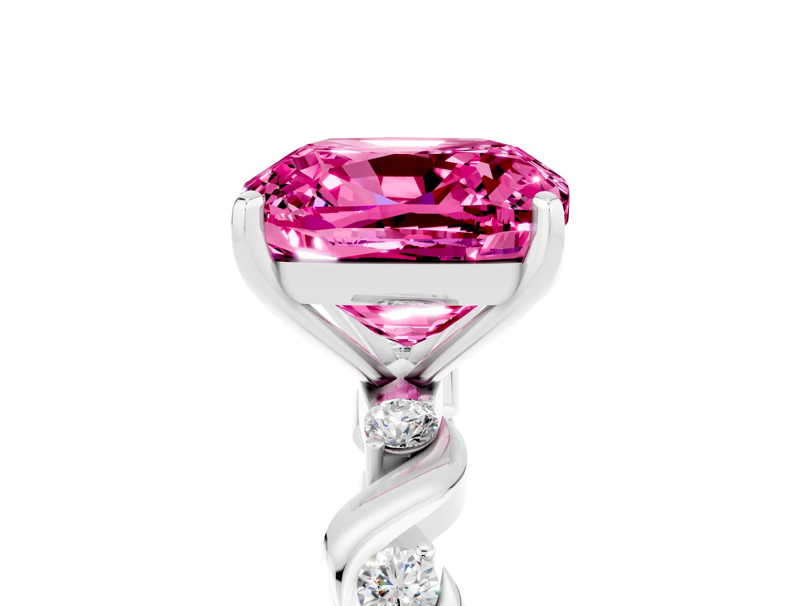 White gold Cushion Cut Pink Sapphire Solitaire Twisted Band with Round  Accents and Prong Setting_17