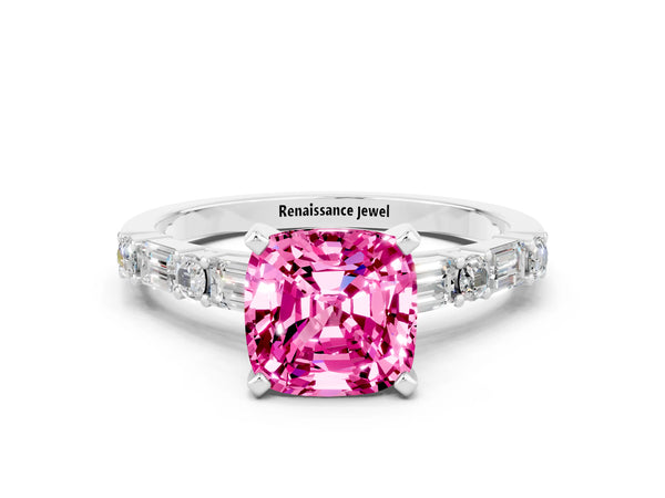 Platinum Cushion Cut Pink Sapphire Solitaire with Side Baguettes and Channel Set Band