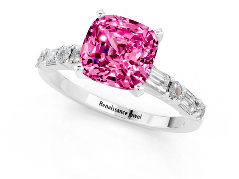 White gold Cushion Cut Pink Sapphire Solitaire with Side Baguettes and Channel Set Band_25