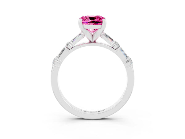 Platinum Cushion Cut Pink Sapphire Solitaire with Side Baguettes and Channel Set Band
