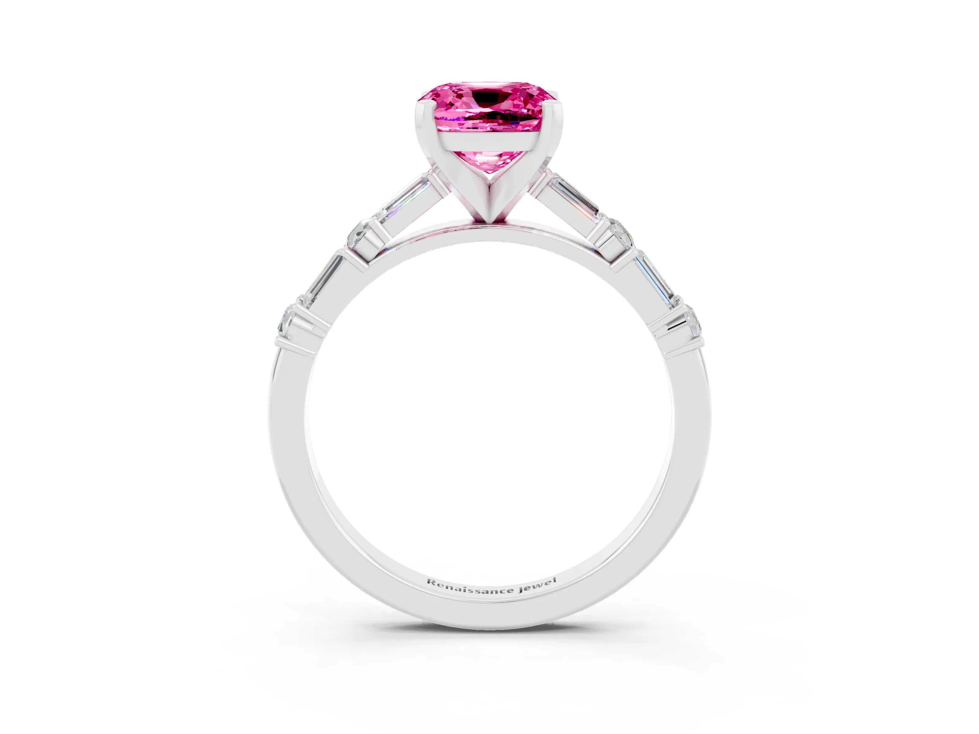 White gold Cushion Cut Pink Sapphire Solitaire with Side Baguettes and Channel Set Band_27