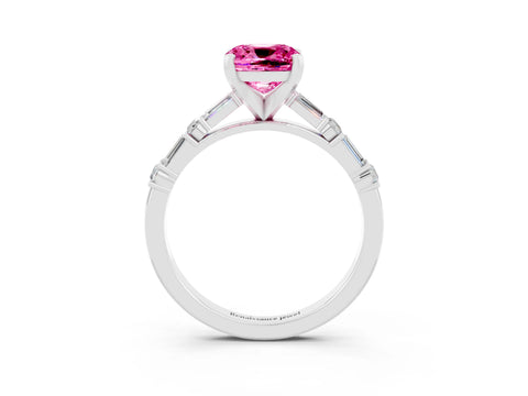 White gold Cushion Cut Pink Sapphire Solitaire with Side Baguettes and Channel Set Band_27