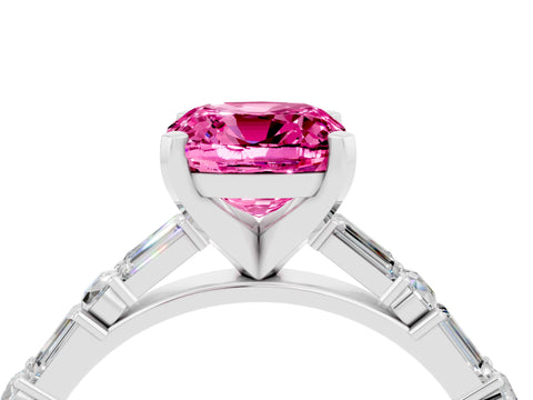 White gold Cushion Cut Pink Sapphire Solitaire with Side Baguettes and Channel Set Band_28