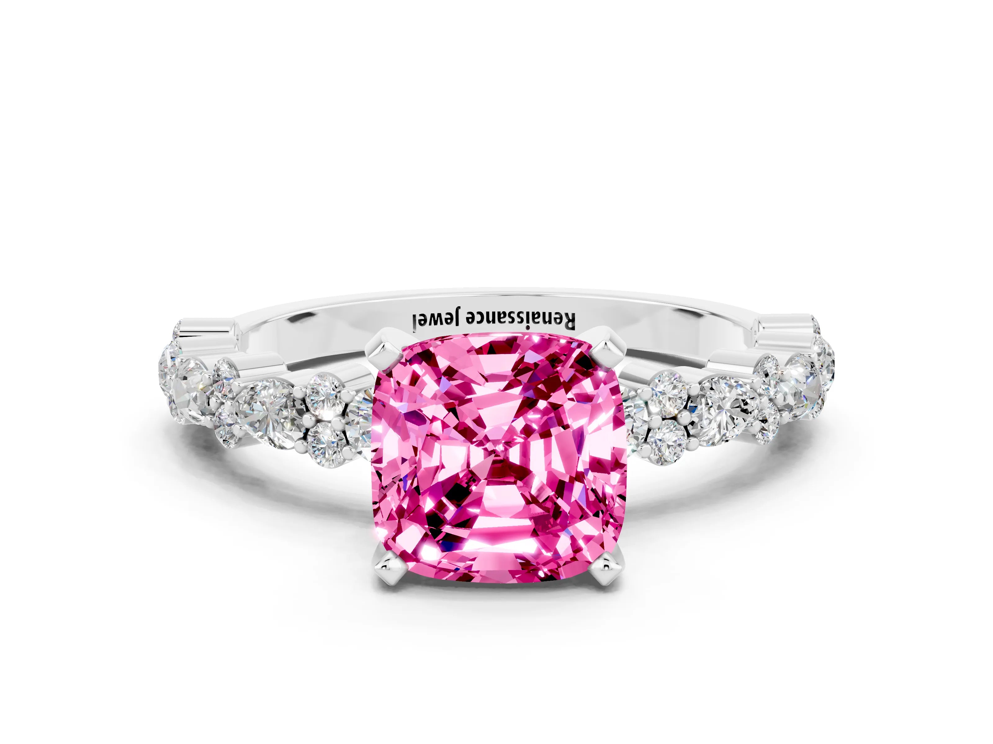 White gold Cushion Cut Pink Sapphire Solitaire with Side Stones, Pave Band, Four-Prong Setting_60