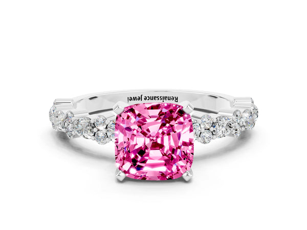 Silver Cushion Cut Pink Sapphire Side Stone Solitaire Ring with Round  and Four-Prong Setting