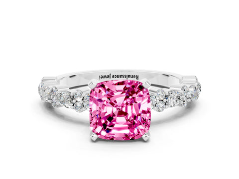 White gold Cushion Cut Pink Sapphire Solitaire with Side Stones, Pave Band, Four-Prong Setting_60