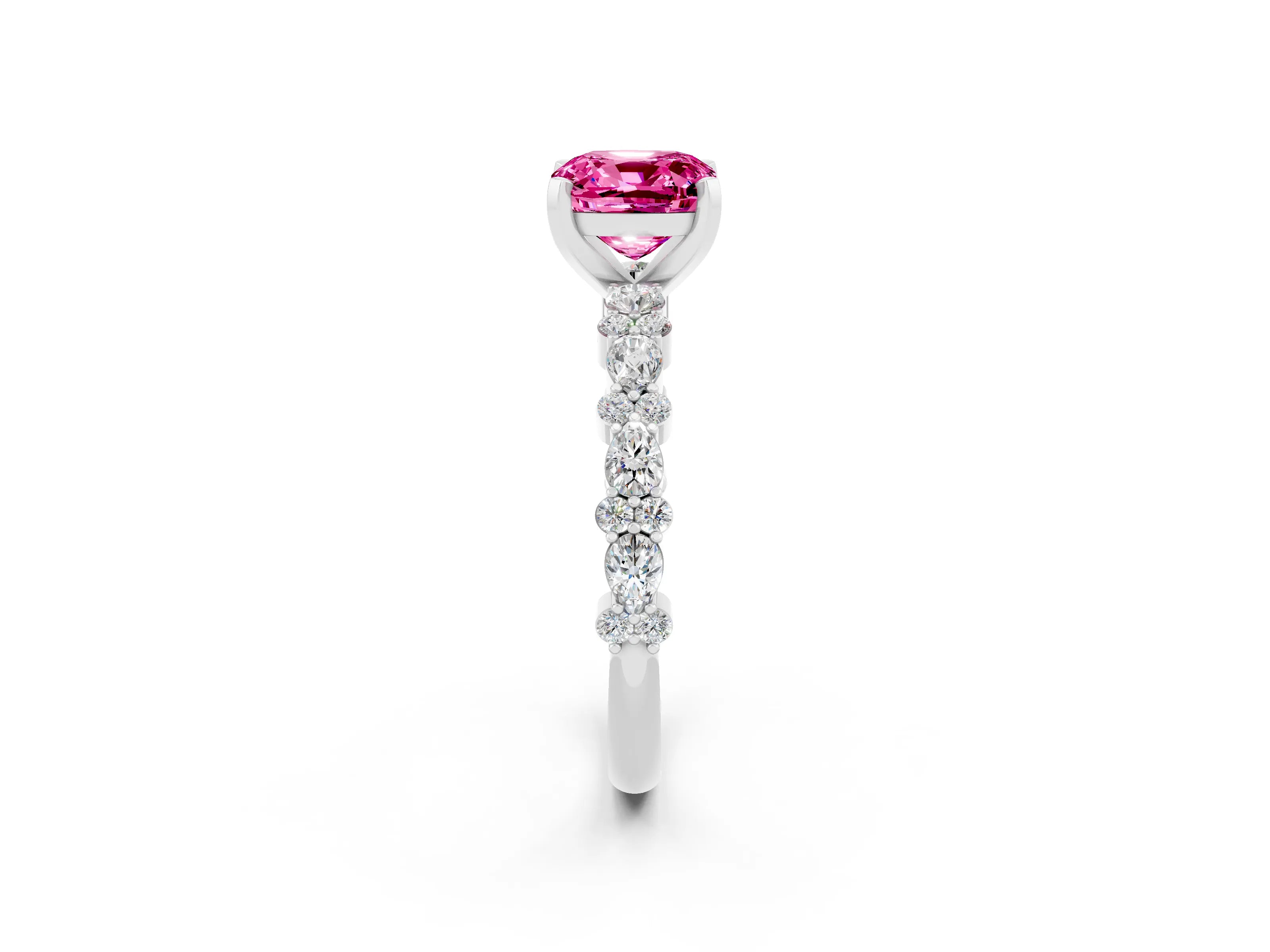 White gold Cushion Cut Pink Sapphire Solitaire with Side Stones, Pave Band, Four-Prong Setting_62