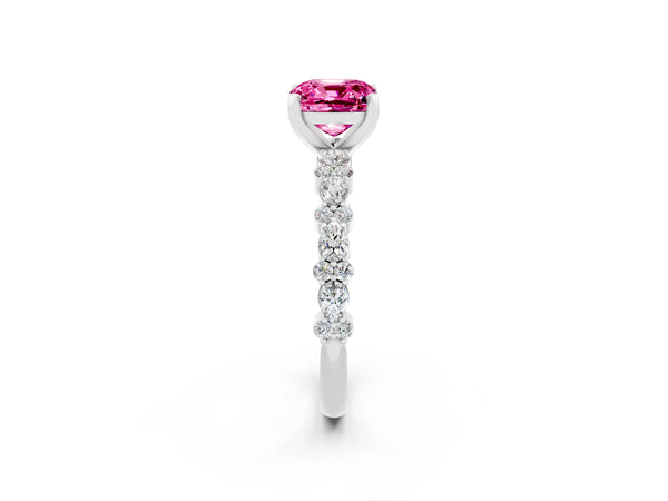 White gold Cushion Cut Pink Sapphire Side Stone Solitaire Ring with Round  and Four-Prong Setting