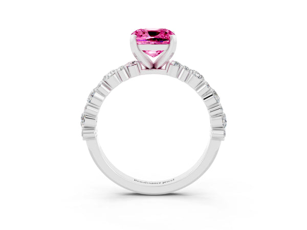 White gold Cushion Cut Pink Sapphire Side Stone Solitaire Ring with Round  and Four-Prong Setting