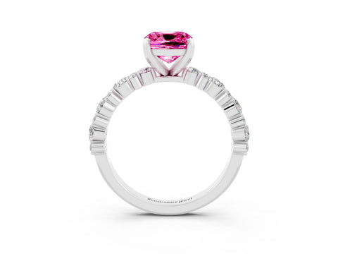White gold Cushion Cut Pink Sapphire Solitaire with Side Stones, Pave Band, Four-Prong Setting_63