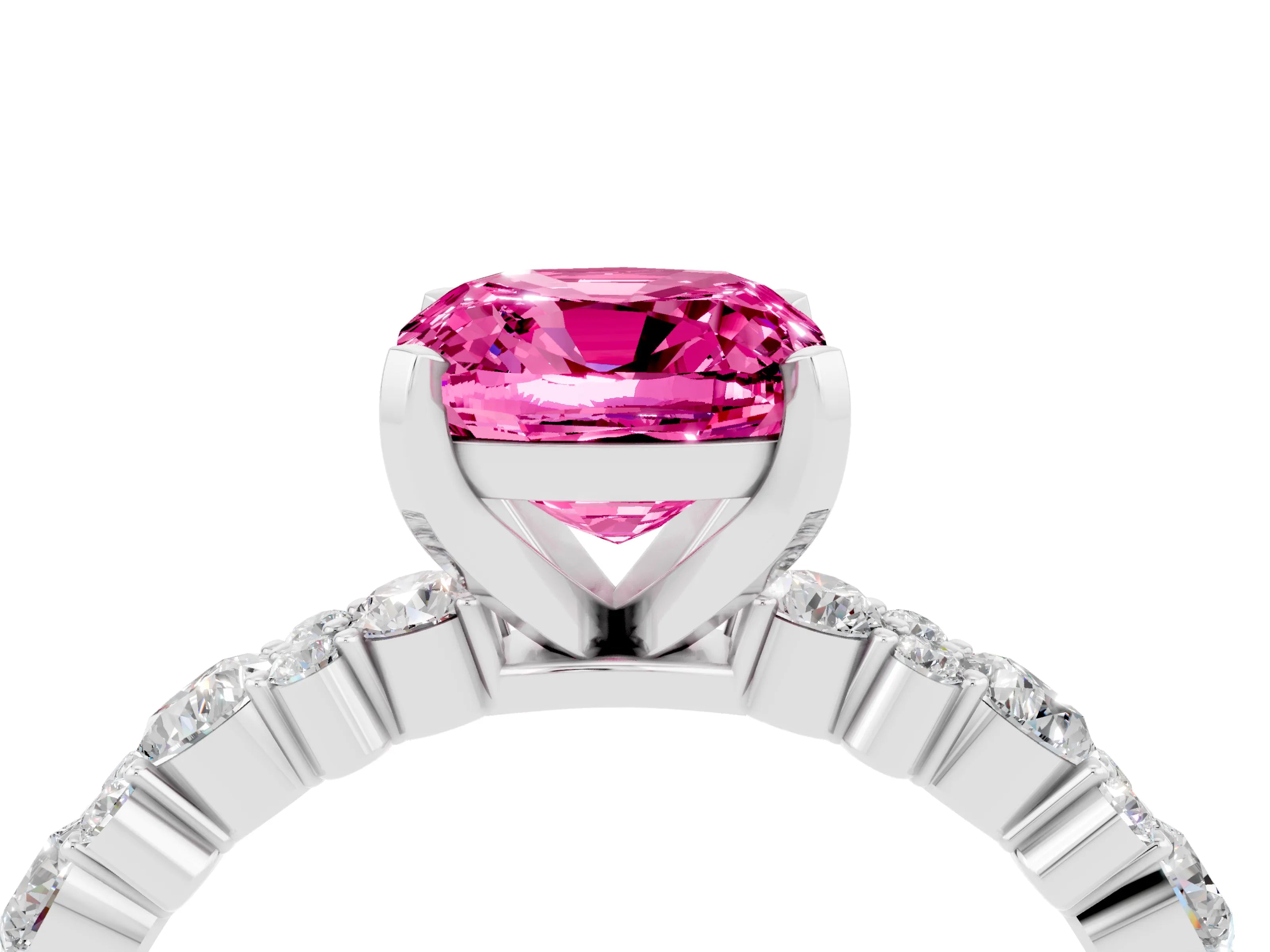 White gold Cushion Cut Pink Sapphire Solitaire with Side Stones, Pave Band, Four-Prong Setting_64
