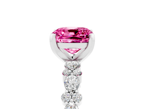 White gold Cushion Cut Pink Sapphire Solitaire with Side Stones, Pave Band, Four-Prong Setting_65