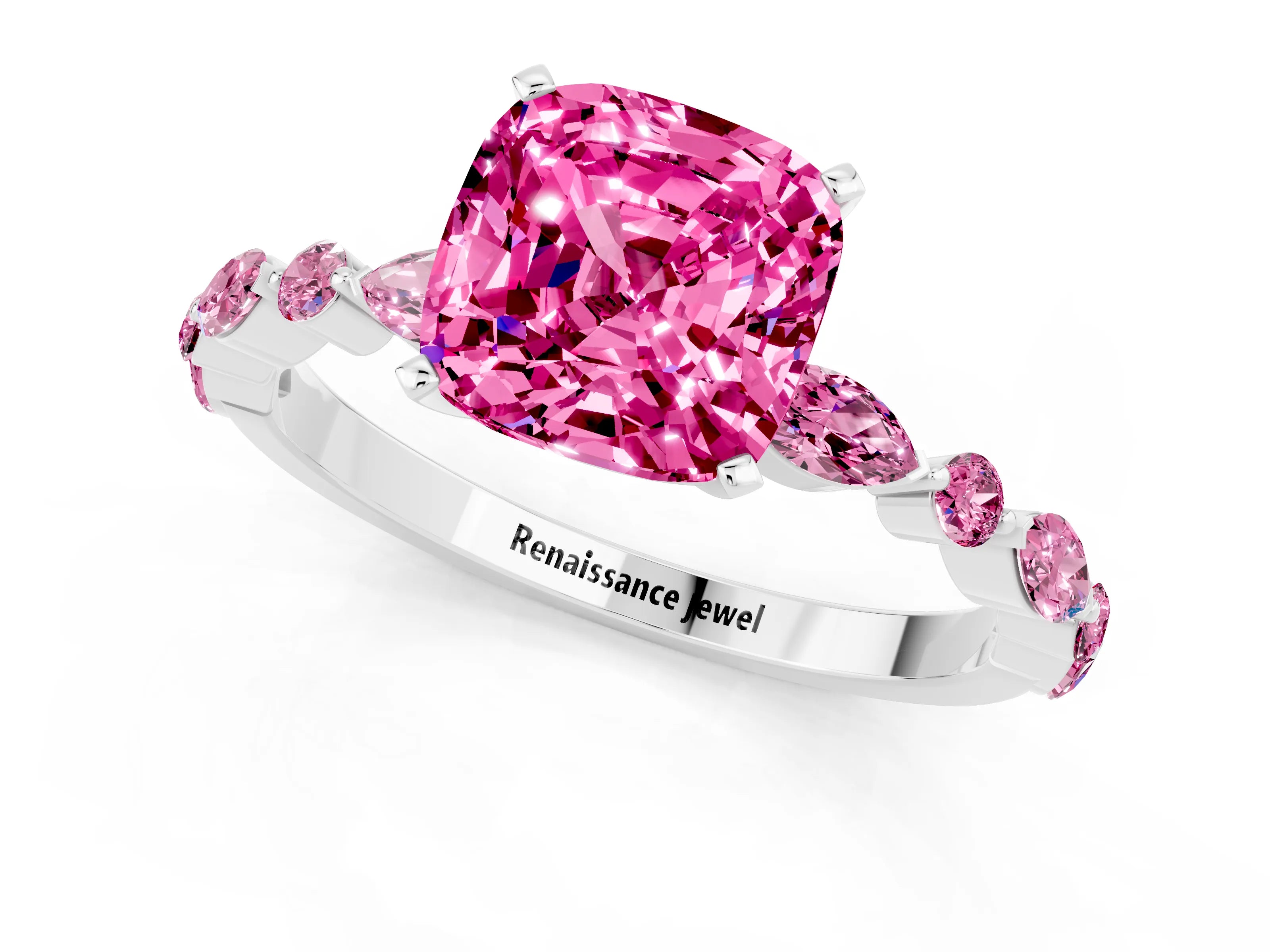 White gold Cushion Cut Pink Sapphire Solitaire with Side Stones on a Pavé Band and Four-Prong Setting_1