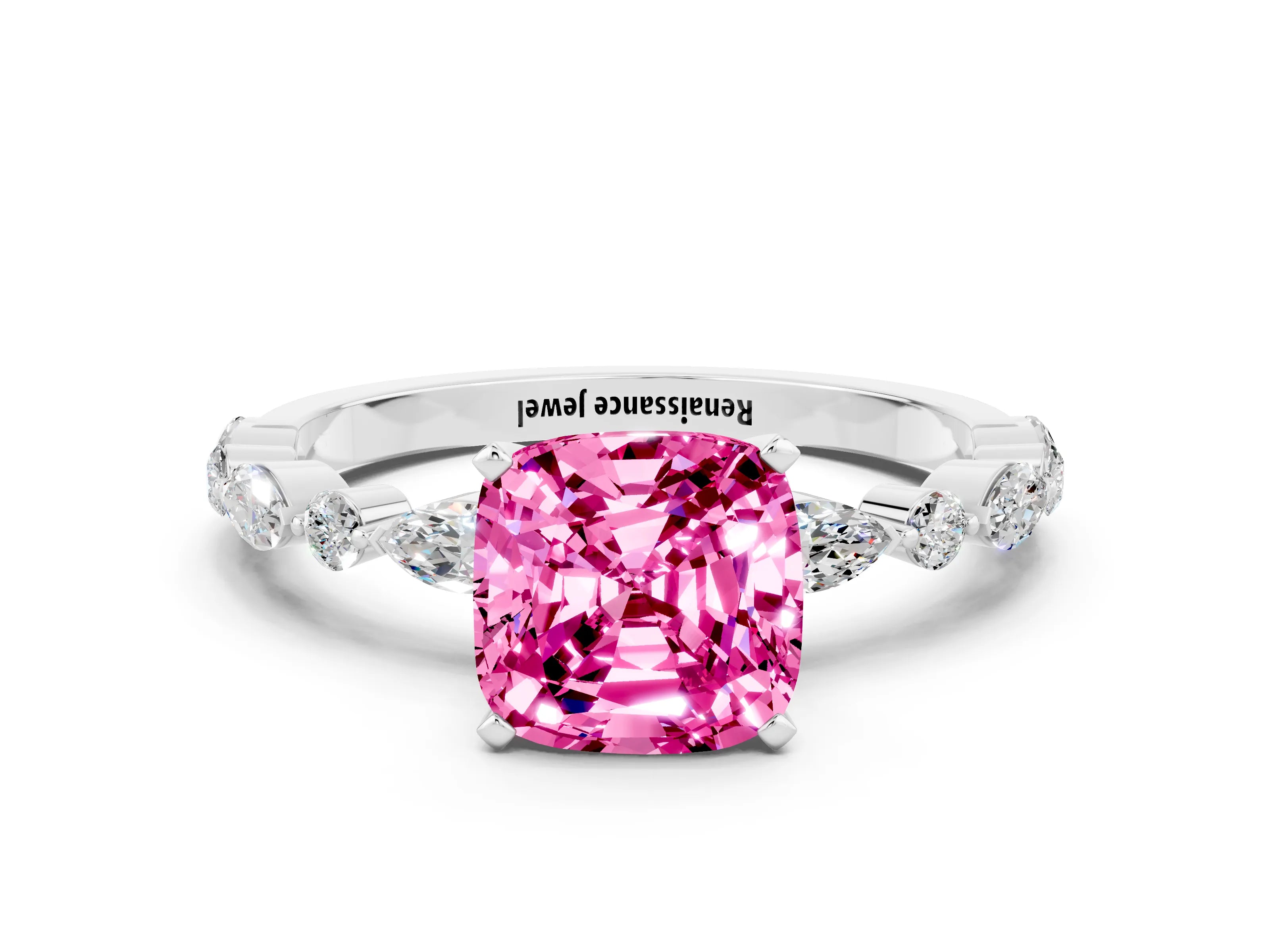 White gold Cushion Cut Pink Sapphire Solitaire with Side Stones on a Pavé Band and Four-Prong Setting_24