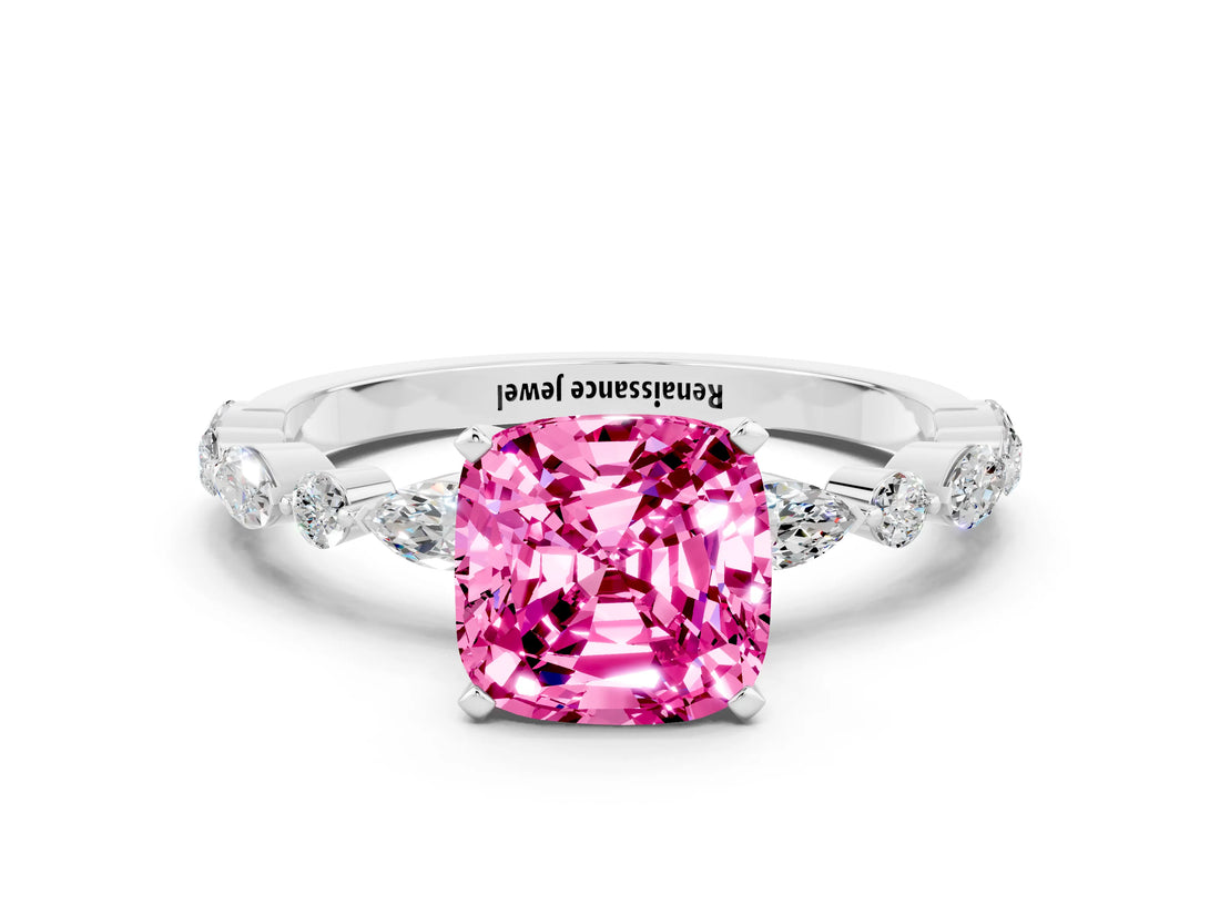 White gold Cushion Cut Pink Sapphire Solitaire with Side Stones on a Pavé Band and Four-Prong Setting_24