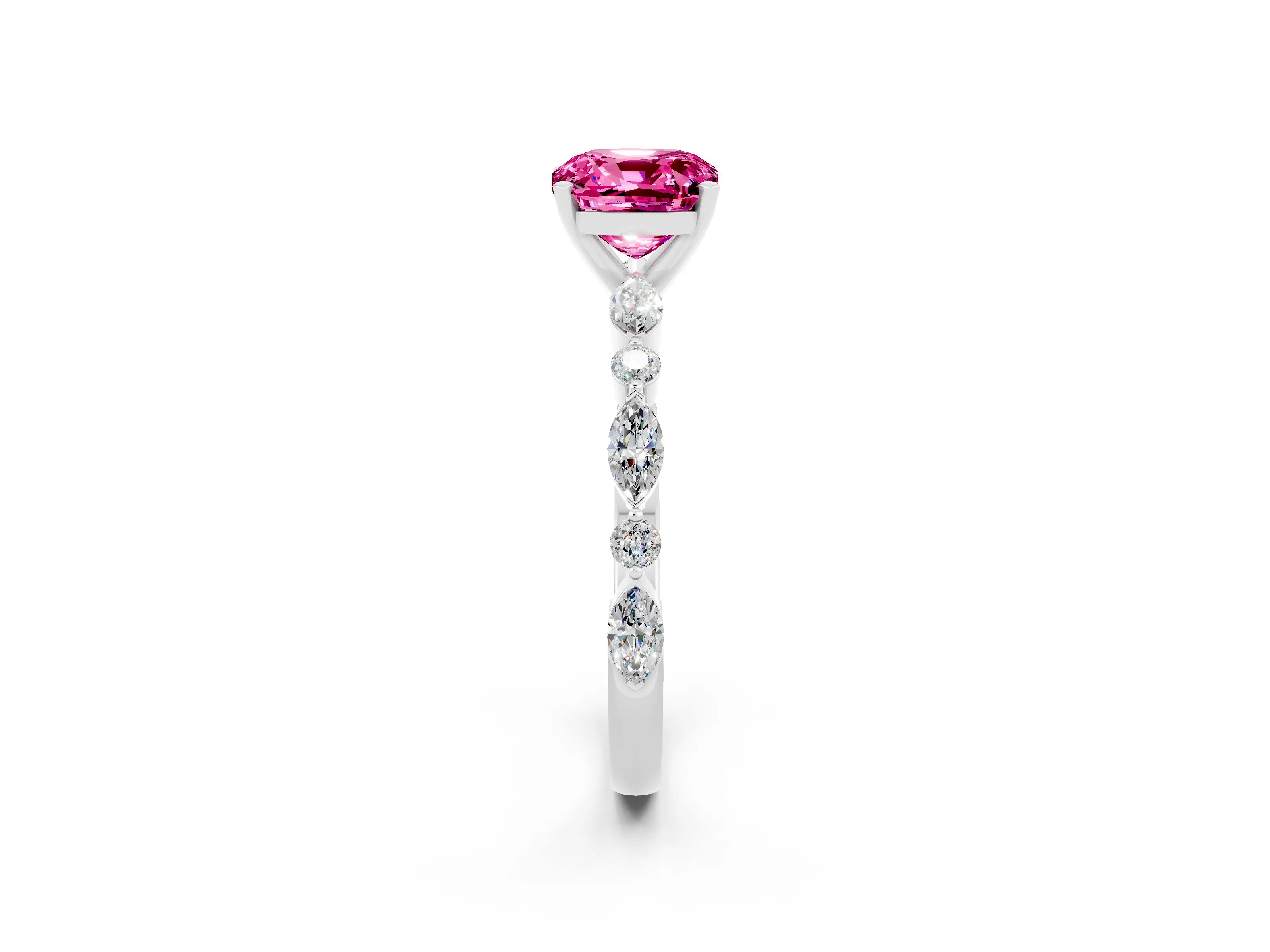 White gold Cushion Cut Pink Sapphire Solitaire with Side Stones on a Pavé Band and Four-Prong Setting_26