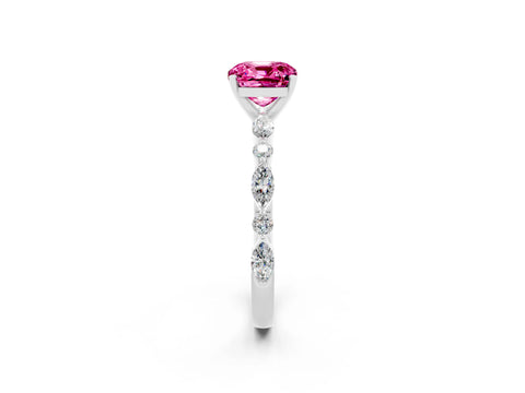 White gold Cushion Cut Pink Sapphire Solitaire with Side Stones on a Pavé Band and Four-Prong Setting_26