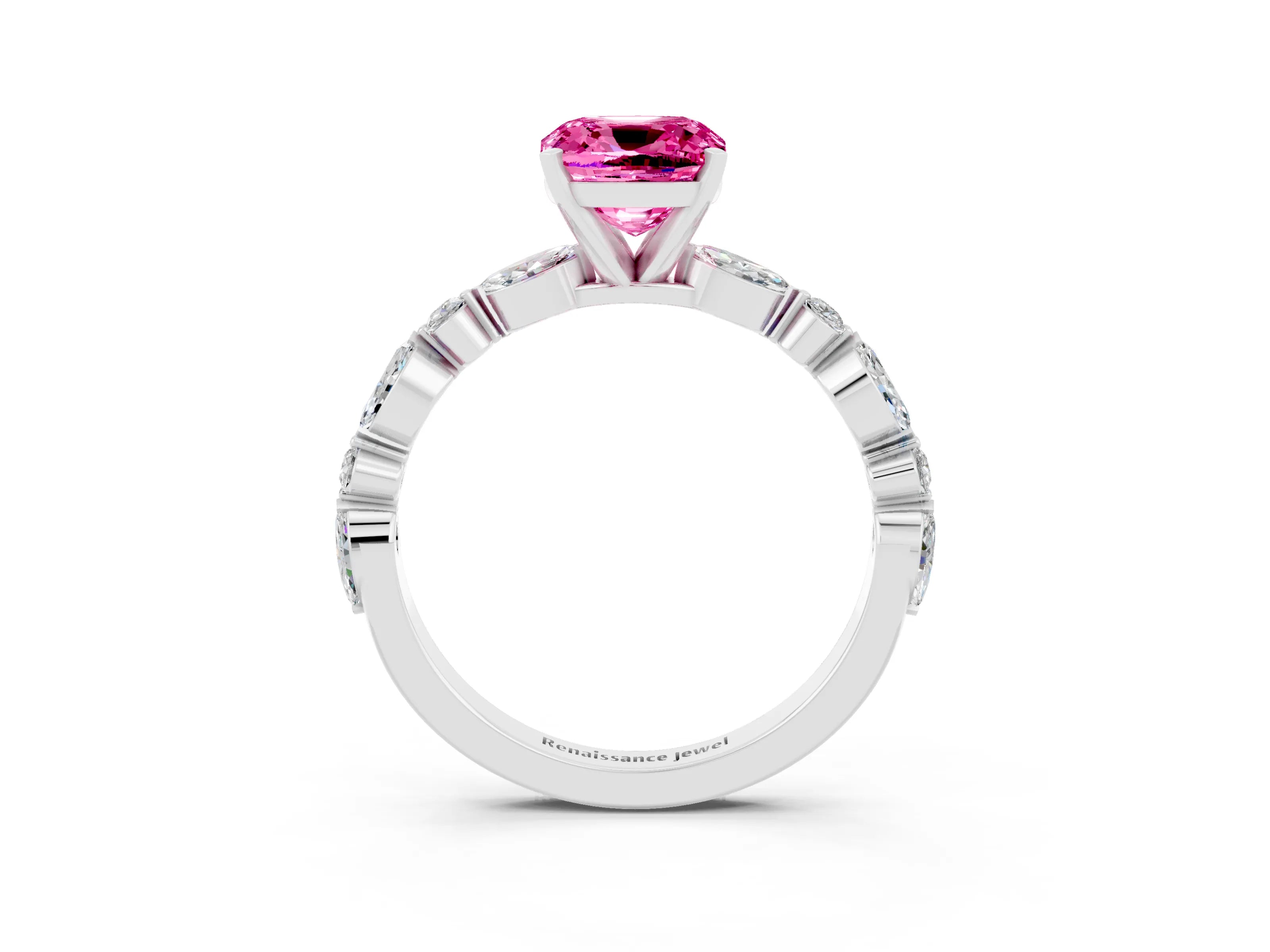 White gold Cushion Cut Pink Sapphire Solitaire with Side Stones on a Pavé Band and Four-Prong Setting_27
