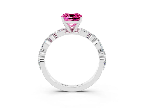 Silver Cushion Cut Pink Sapphire Ring with Marquise and Round  Side Stones and Four-Prong Setting