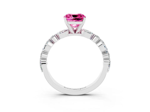 White gold Cushion Cut Pink Sapphire Solitaire with Side Stones on a Pavé Band and Four-Prong Setting_27
