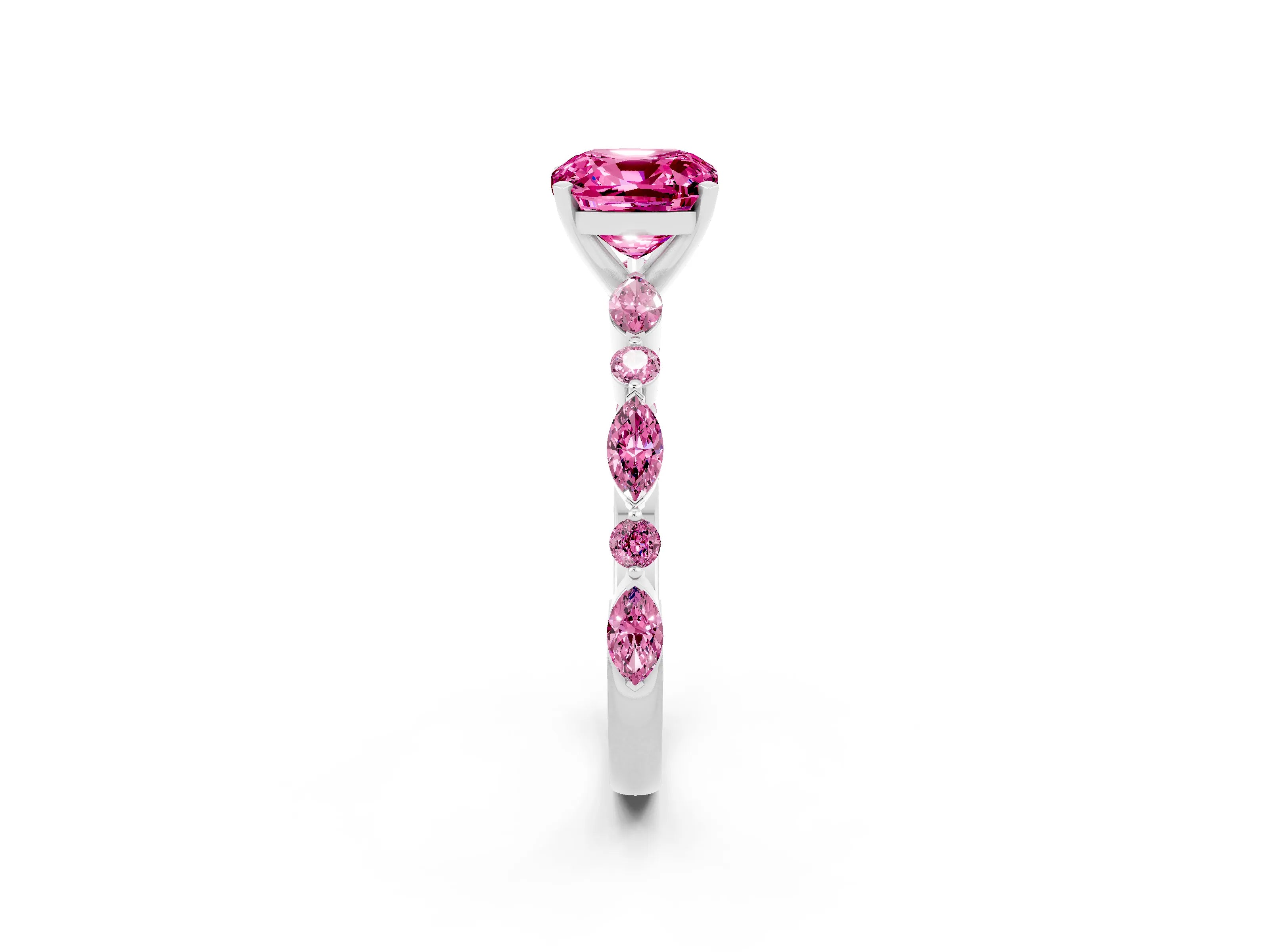White gold Cushion Cut Pink Sapphire Solitaire with Side Stones on a Pavé Band and Four-Prong Setting_2