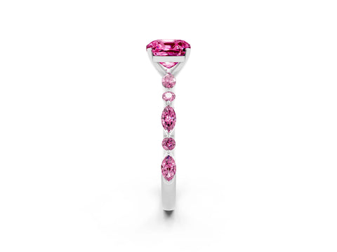 White gold Cushion Cut Pink Sapphire Solitaire with Side Stones on a Pavé Band and Four-Prong Setting_2