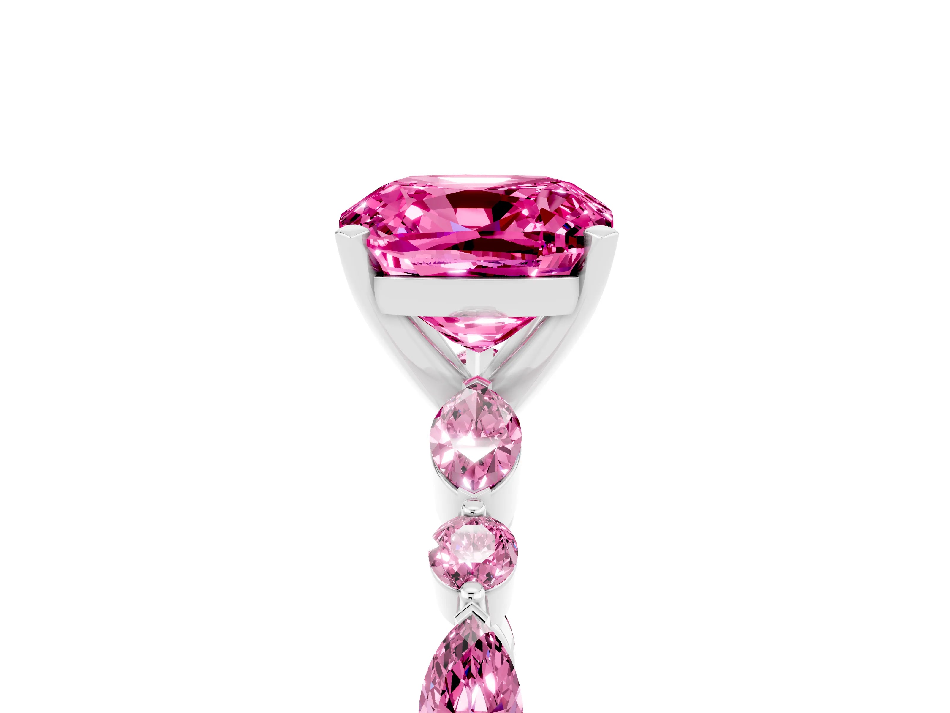 White gold Cushion Cut Pink Sapphire Solitaire with Side Stones on a Pavé Band and Four-Prong Setting_5