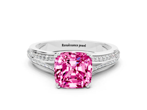 White gold Cushion Cut Pink Sapphire Split Shank Engagement Ring with Pavé Band_24