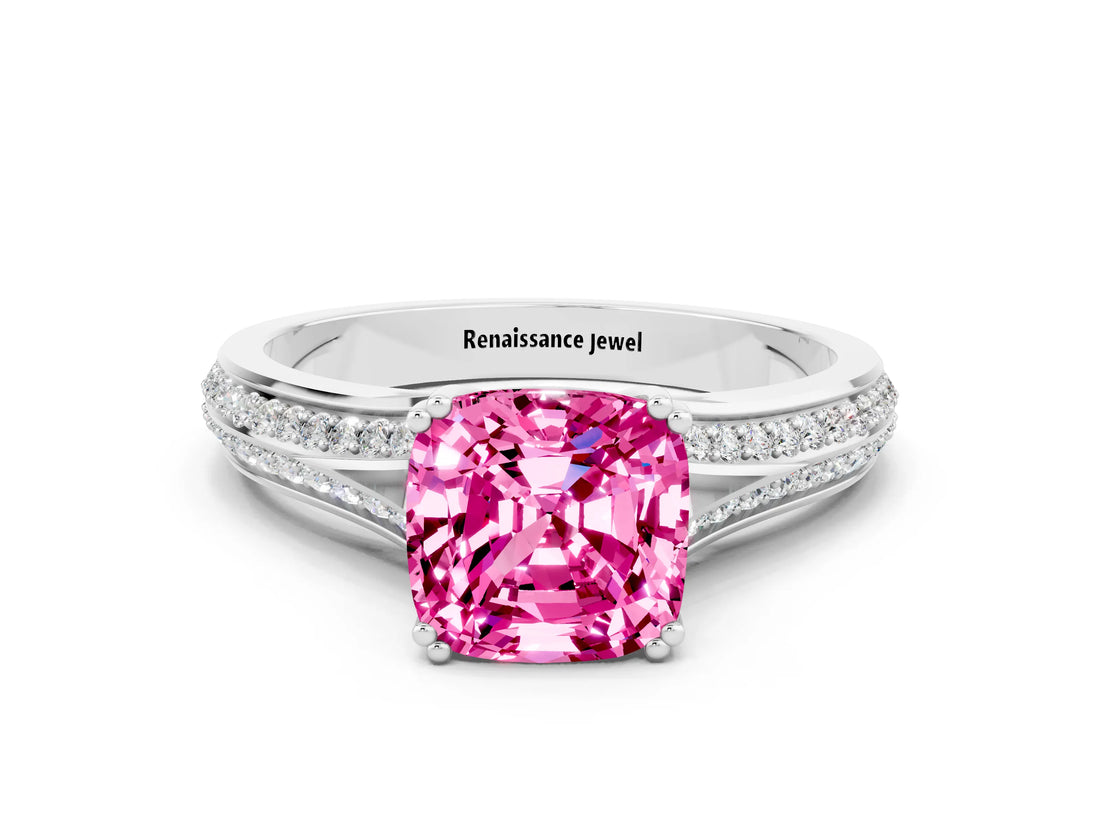 White gold Cushion Cut Pink Sapphire Split Shank Engagement Ring with Pavé Band_24