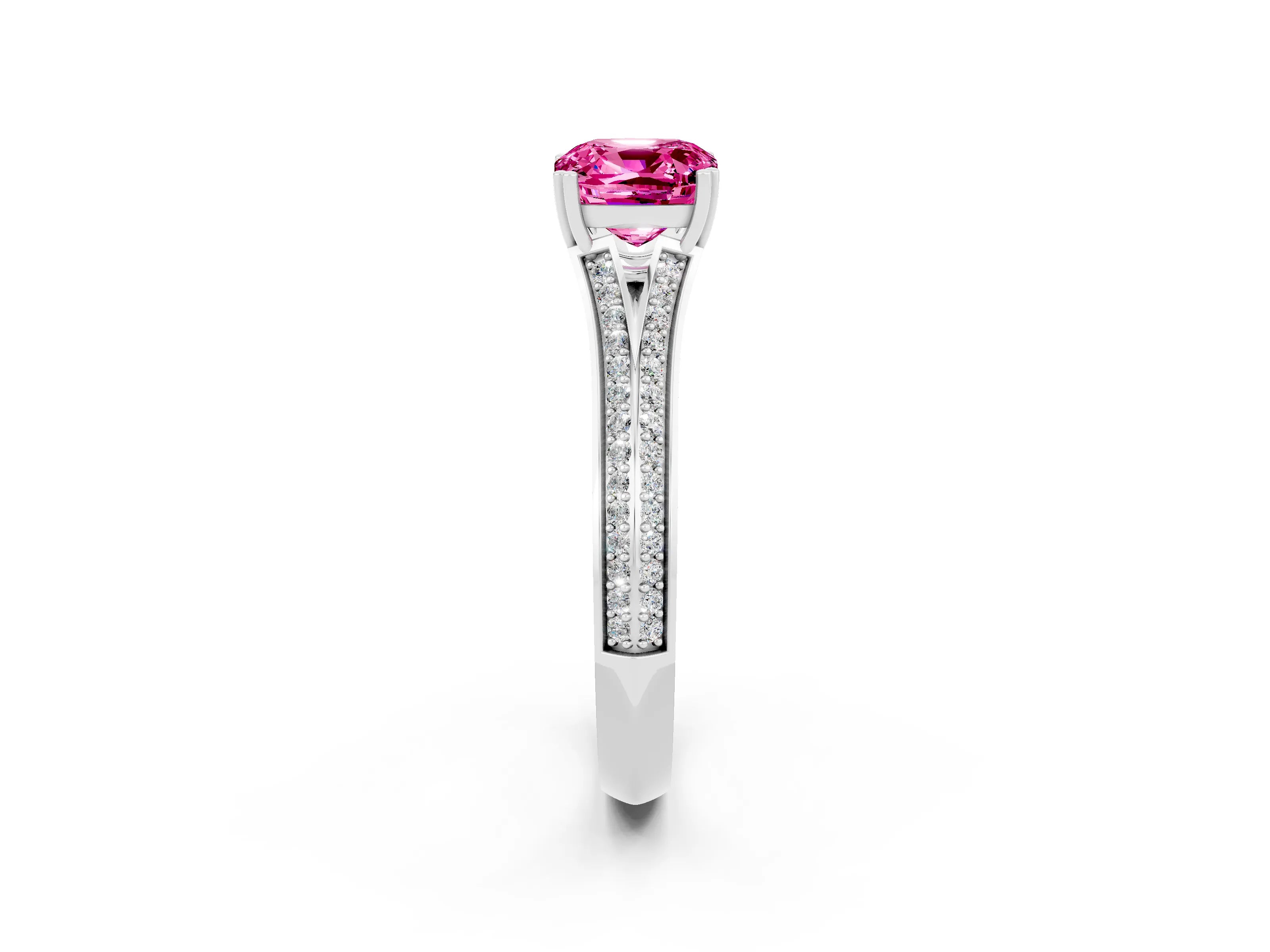 White gold Cushion Cut Pink Sapphire Split Shank Engagement Ring with Pavé Band_26