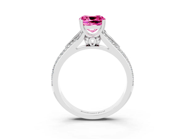 White gold Cushion Cut Pink Sapphire Split Shank Engagement Ring with Pavé Band