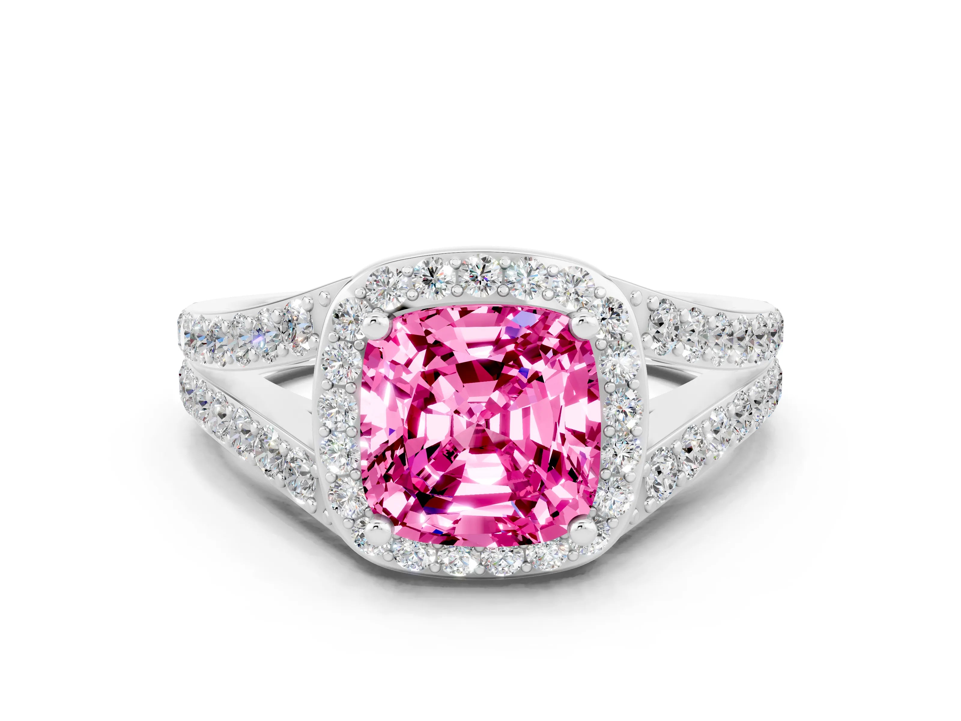 White gold Cushion Cut Pink Sapphire Split Shank Halo Ring with Four-Prong Setting_60
